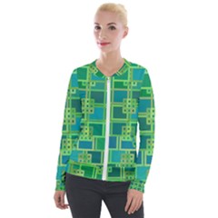 Green-abstract-geometric Velvet Zip Up Jacket by Ket1n9