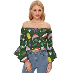 Colorful-funny-christmas-pattern   --- Off Shoulder Flutter Bell Sleeve Top by Grandong