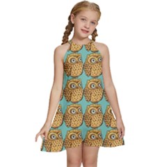 Owl Bird Cartoon Kids  Halter Collar Waist Tie Chiffon Dress by Grandong