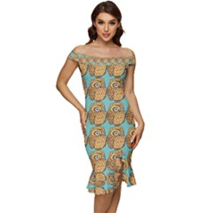 Owl Bird Pattern Off Shoulder Ruffle Split Hem Bodycon Dress by Grandong