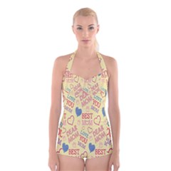 Love Mom Happy Mothers Day I Love Mom Graphic Pattern Boyleg Halter Swimsuit  by Vaneshop