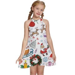 Christmas Theme Decor Illustration Pattern Kids  Halter Collar Waist Tie Chiffon Dress by Amaryn4rt