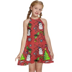 Santa Snowman Gift Holiday Christmas Cartoon Kids  Halter Collar Waist Tie Chiffon Dress by Amaryn4rt