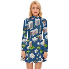 Isometric-seamless-pattern-megapolis Long Sleeve Velour Longline Dress by Amaryn4rt