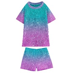 Pink And Turquoise Glitter Kids  Swim T-shirt And Shorts Set by Sarkoni