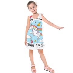 Merry Christmas Xmas Doodle Sketch Cartoon Unicorn Kids  Sleeveless Dress by Pakjumat