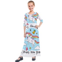 Merry Christmas Xmas Doodle Sketch Cartoon Unicorn Kids  Quarter Sleeve Maxi Dress by Pakjumat