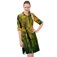 Landscape Night Moon Star Nature Long Sleeve Mini Shirt Dress by Pakjumat