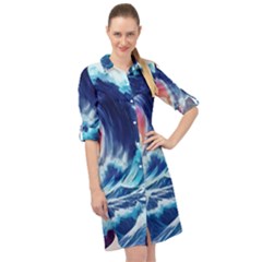 Storm Tsunami Waves Ocean Sea Nautical Nature Long Sleeve Mini Shirt Dress by Pakjumat