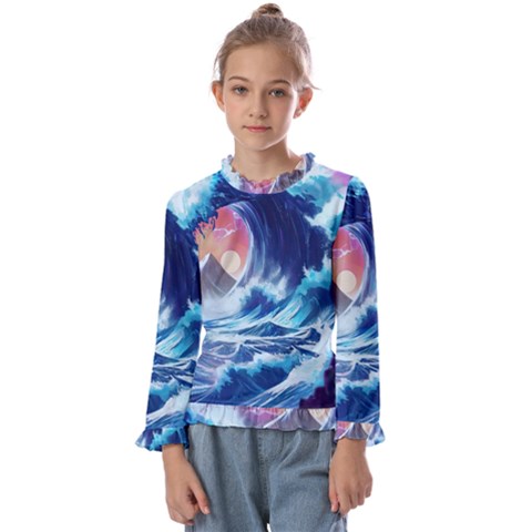 Storm Tsunami Waves Ocean Sea Nautical Nature Kids  Frill Detail T-shirt by Pakjumat