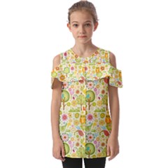 Nature Doodle Art Trees Birds Owl Children Pattern Multi Colored Fold Over Open Sleeve Top by Pakjumat