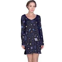 Starry Night  Space Constellations  Stars  Galaxy  Universe Graphic  Illustration Long Sleeve Nightdress by Pakjumat