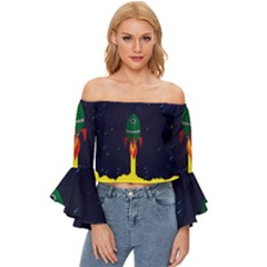 Rocket Halftone Astrology Astronaut Off Shoulder Flutter Bell Sleeve Top by Pakjumat