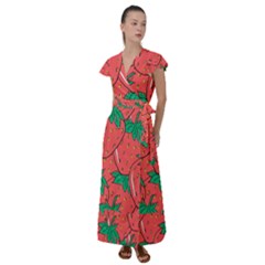 Texture Sweet Strawberry Dessert Food Summer Pattern Flutter Sleeve Maxi Dress by Sarkoni