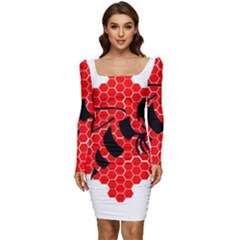 Bee Logo Honeycomb Red Wasp Honey Women Long Sleeve Ruched Stretch Jersey Dress by Amaryn4rt