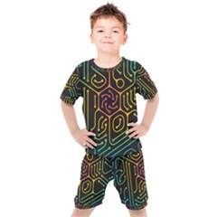 Circuit Hexagonal Geometric Pattern Background Pattern Kids  T-shirt And Shorts Set by Vaneshop