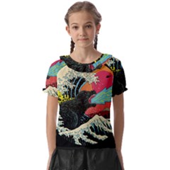 Retro Wave Kaiju Godzilla Japanese Pop Art Style Kids  Frill Chiffon Blouse by Modalart