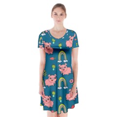 Flowers Pink Pig Piggy Seamless Short Sleeve V-neck Flare Dress by Ravend