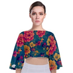 Floral Art Flowers Textile Tie Back Butterfly Sleeve Chiffon Top by Ravend