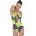 Butterfly Mosaic Yellow Colorful Plunge Cut Halter Swimsuit View1