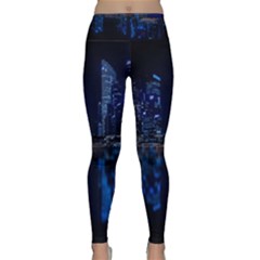 Illuminated Cityscape Against Blue Sky At Night Lightweight Velour Classic Yoga Leggings by Modalart