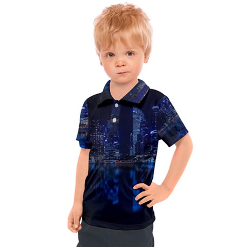 Illuminated Cityscape Against Blue Sky At Night Kids  Polo T-shirt by Modalart