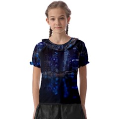 Illuminated Cityscape Against Blue Sky At Night Kids  Frill Chiffon Blouse by Modalart