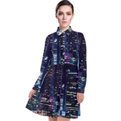 Black Building Lighted Under Clear Sky Long Sleeve Chiffon Shirt Dress by Modalart