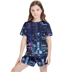 Black Building Lighted Under Clear Sky Kids  T-shirt And Sports Shorts Set by Modalart