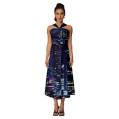 Black Building Lighted Under Clear Sky Sleeveless Cross Front Cocktail Midi Chiffon Dress by Modalart