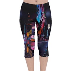 Roadway Surrounded Building During Nighttime Velvet Capri Leggings  by Modalart