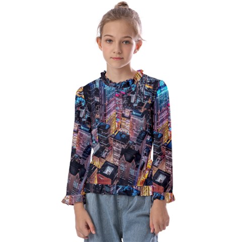 Aerial Photo Of Cityscape At Night Kids  Frill Detail T-shirt by Modalart