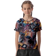 Aerial Photo Of Cityscape At Night Kids  Frill Chiffon Blouse by Modalart