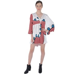 Dinosaur Dragon Drawing Cute V-neck Flare Sleeve Mini Dress by Ndabl3x