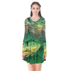 Peacock Bass Fishing Long Sleeve V-neck Flare Dress by Sarkoni