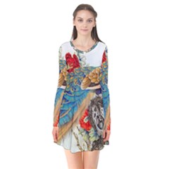 Birds Peacock Artistic Colorful Flower Painting Long Sleeve V-neck Flare Dress by Sarkoni