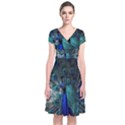 Blue And Green Peacock Short Sleeve Front Wrap Dress View1