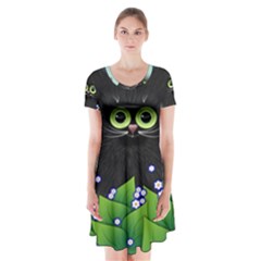 Kitten Black Furry Illustration Short Sleeve V-neck Flare Dress by Sarkoni