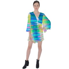 Wave Rainbow Bright Texture V-neck Flare Sleeve Mini Dress by Sarkoni