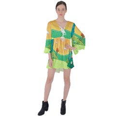 Green Field Illustration Adventure Time Multi Colored V-neck Flare Sleeve Mini Dress by Sarkoni