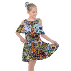 Cartoon Characters Tv Show  Adventure Time Multi Colored Kids  Shoulder Cutout Chiffon Dress by Sarkoni