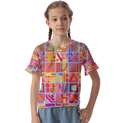 Colourful Abstract Shapes Kids  Cuff Sleeve Scrunch Bottom T-shirt by Pakjumat