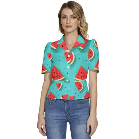 Watermelon Fruit Slice Puffed Short Sleeve Button Up Jacket by Bedest