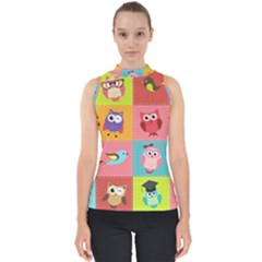 Owls Pattern Abstract Art Desenho Vector Cartoon Mock Neck Shell Top by Bedest