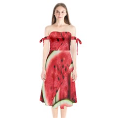 Watermelon Fruit Green Red Shoulder Tie Bardot Midi Dress by Bedest