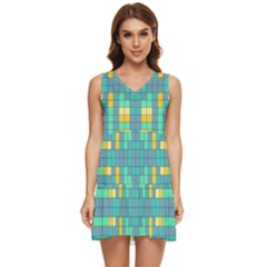 Checkerboard Squares Abstract Art Tiered Sleeveless Mini Dress by Ravend