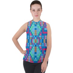 Checkerboard Square Abstract Mock Neck Chiffon Sleeveless Top by Ravend