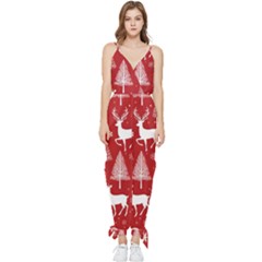 Christmas Tree Deer Pattern Red Sleeveless Tie Ankle Chiffon Jumpsuit by Ravend