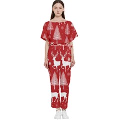 Christmas Tree Deer Pattern Red Batwing Lightweight Chiffon Jumpsuit by Ravend