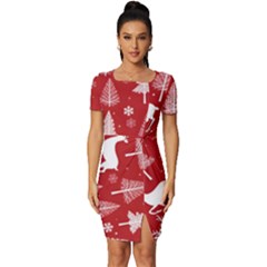 Christmas Tree Deer Pattern Red Fitted Knot Split End Bodycon Dress by Ravend